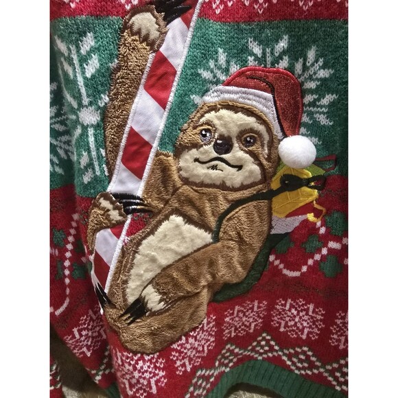 Blizzard Bay XL Ugly Christmas Sweater – Sloth Santa Hat Candy Cane Red Green - Picture 3 of 10